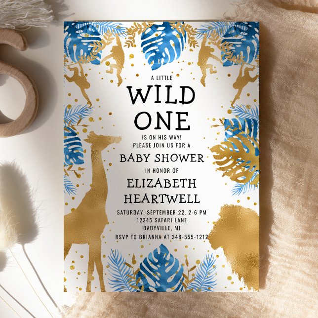 Safari Boy Baby Dusche Blue Gold Einladung (Von Creator hochgeladen)