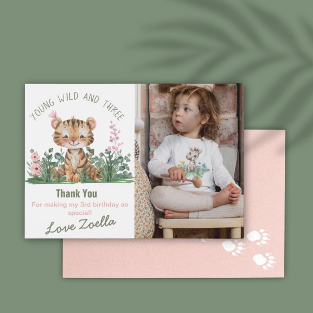 Safari Dankeschön Karte (Safari Jungle Young Wild Three Tiger Pink Birthday Thank You Card)