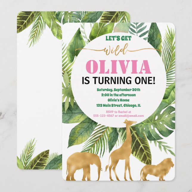Safari-Dschungel 1. Geburtstag Mädchen wild Einladung (Vorne/Hinten)