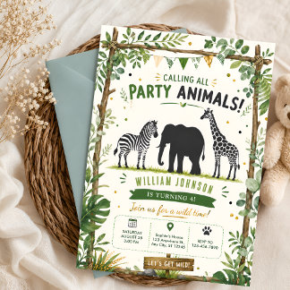 Safari-Dschungel-Party-Tiere 4. Geburtstag Einladung