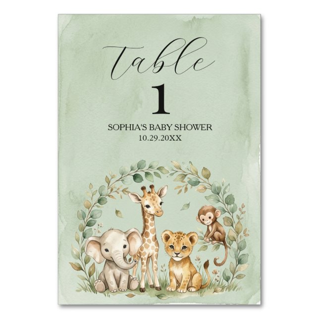 Safari-Dschungeltiere  Babyshower-Tisch    Tischnummer (Vorderseite)