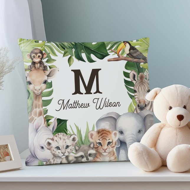 Safari-Dschungeltiere niedliches Baby-Boy-Name-Kin Kissen (Safari Animals themed, new baby names and monogram.)