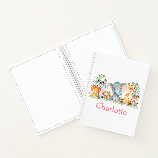 Safari Dschungeltiere Wasserfarben Rosa Zeichnend Notizbuch (Innenseite)