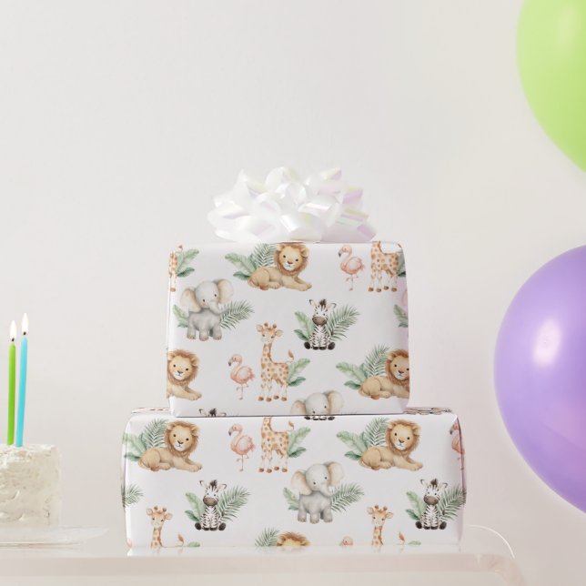 Safari Elefant Giraffe Zebra Flamingo Löwe Tier Geschenkpapier (Partygeschenke)