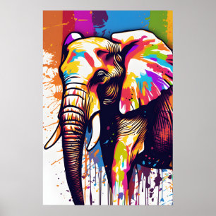 Safari Elephant Art, Rainbow Paint Spritzer Wall Poster