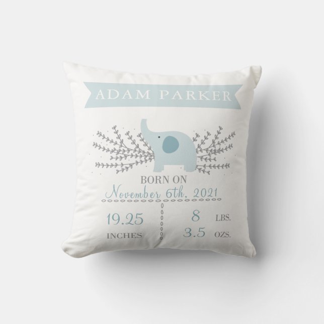 Safari Elephant Birth Announcement Stats Pillow Kissen (Vorderseite)