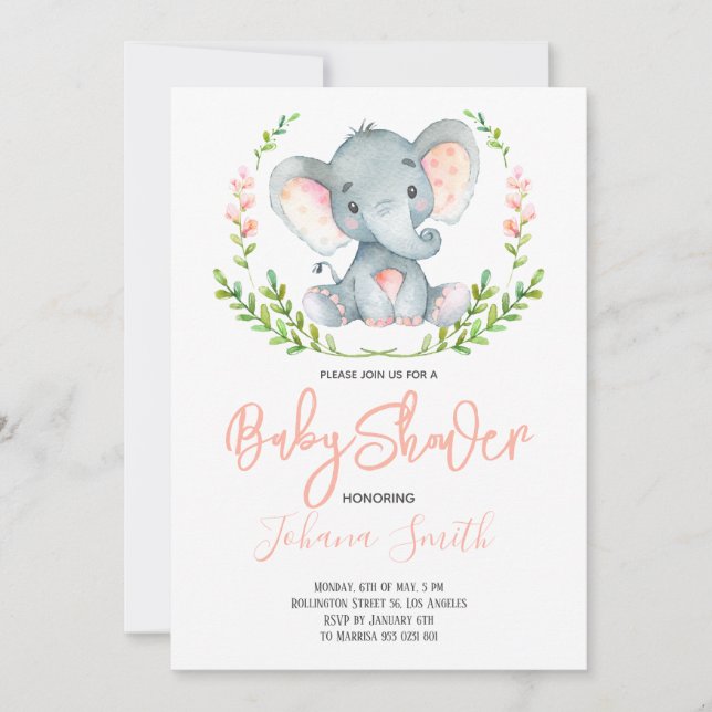 Safari Elephant Watercolor Girl Babydusche Einladung (Vorderseite)