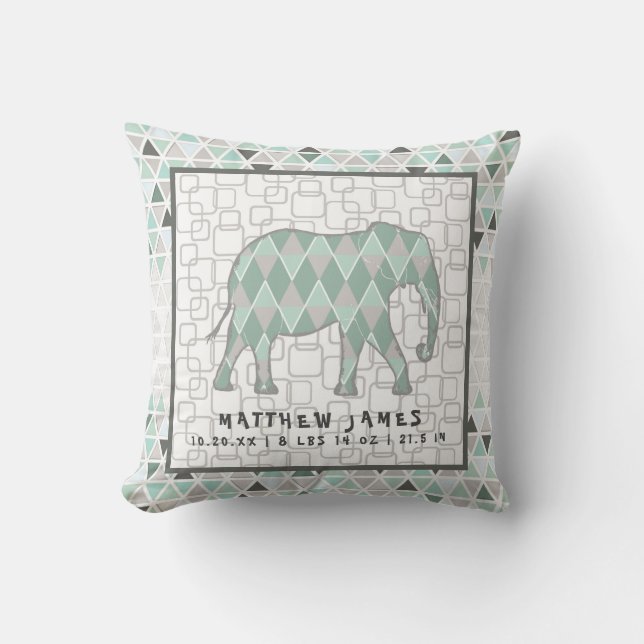 Safari Elephants Baby Boy Geometric Birth Stats Kissen (Vorderseite)