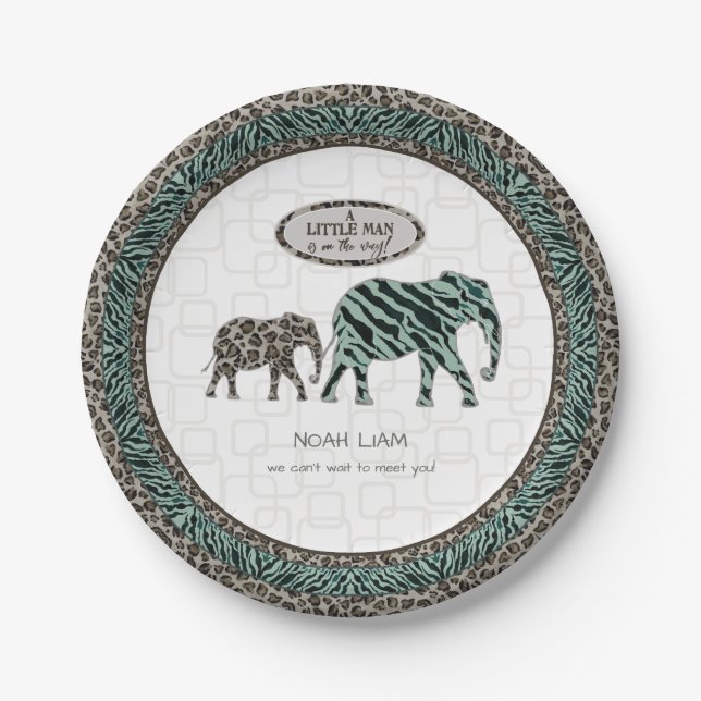 Safari Elephants Little Man Baby Boy Zebra Dusche Pappteller (Vorderseite)