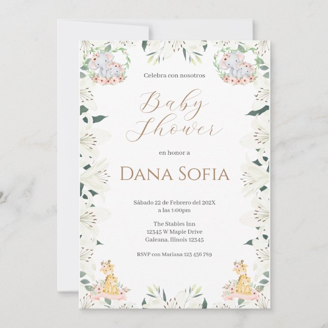 Safari floral Spanish Baby Shower Girl invitation Einladung (Vorderseite)
