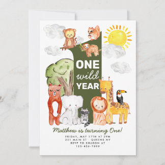 Safari Forest Animals ONE Wild Year Kindergeburtst Einladung