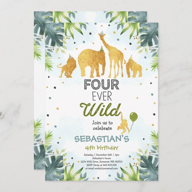 Safari Four Ever Wild Birthday Einladung Green (Vorne/Hinten)