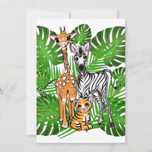 Safari-Freunde, Giraffe, Zebra, Tiger, Palm-Blätte Einladung