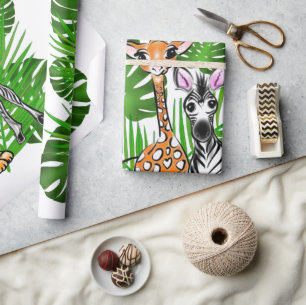 Safari-Freunde, Giraffe, Zebra, Tiger, Palm-Blätte Geschenkpapier