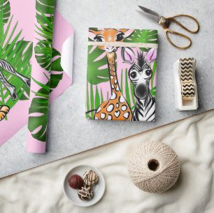 Safari-Freunde, Giraffe, Zebra, Tiger, Palm-Blätte Geschenkpapier