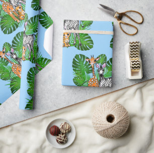 Safari-Freunde, Giraffe, Zebra, Tiger, Palm-Blätte Geschenkpapier