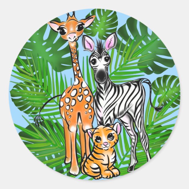 Safari-Freunde, Giraffe, Zebra, Tiger, Palm-Blätte Runder Aufkleber (Vorderseite)
