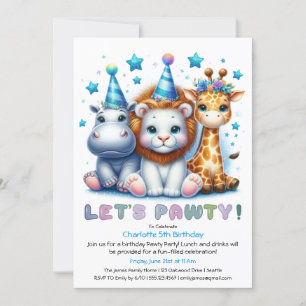 Safari-Geburtstags-Glitter Blau Nashorn, Löwe, Gir Einladung