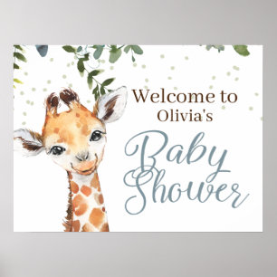Safari Giraffe Blue Gray Welcome Baby Dusche Poster