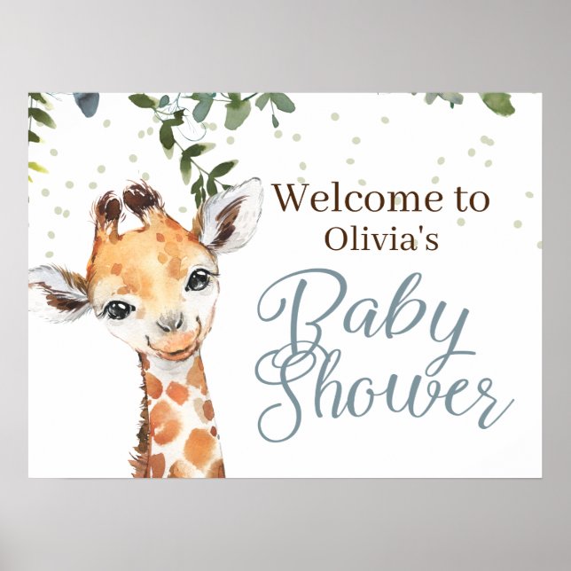 Safari Giraffe Blue Gray Welcome Baby Dusche Poster (Vorne)