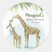 Safari Giraffe Green Leaf Baby Round Sticker