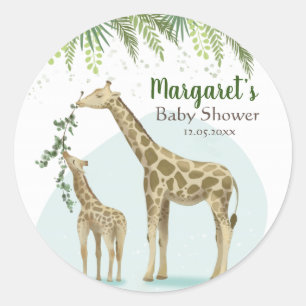 Safari Giraffe Green Leaf Baby Round Sticker