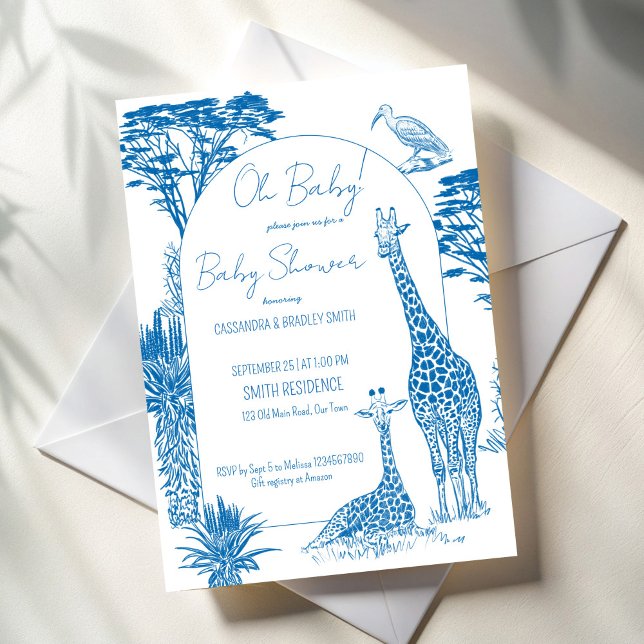 Safari-Giraffenbaby-Dusche Einladung (Safari dusty blue toile de jouy giraffe baby shower invitation template African safari invitations)