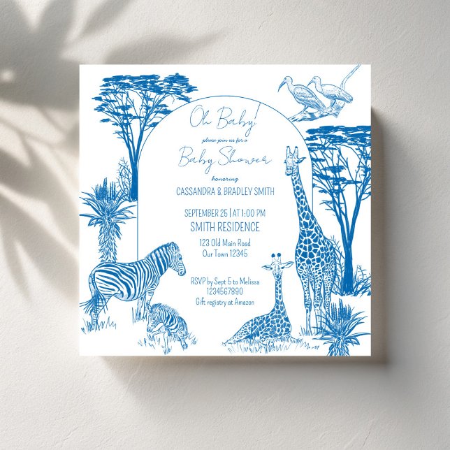Safari-Giraffenbaby-Dusche Einladung (Safari blue toile de jouy giraffe African animals baby shower invitation cards template)