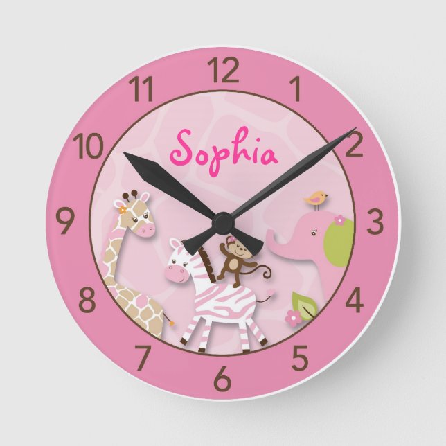 Safari Girl Jungle Personalisiertes Kinderzimmer U Runde Wanduhr (Vorderseite)