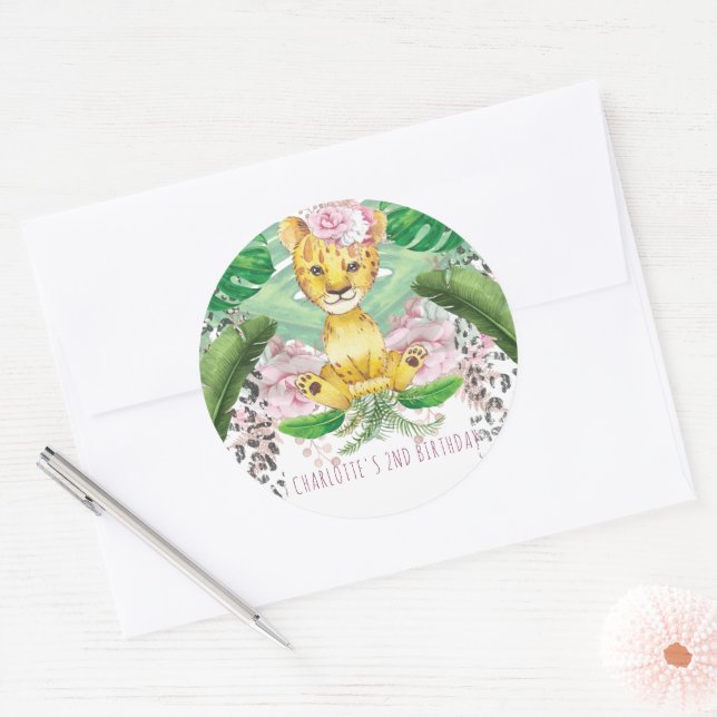 Safari Girl Party Lion Illustration Personalisiert Runder Aufkleber (Umschlag)