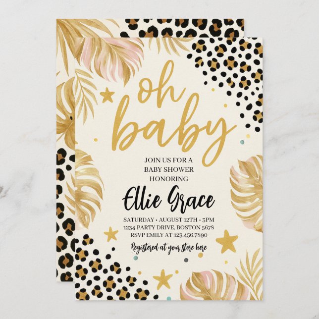 Safari Gold Leopard Print Baby Dusche Einladung (Vorne/Hinten)