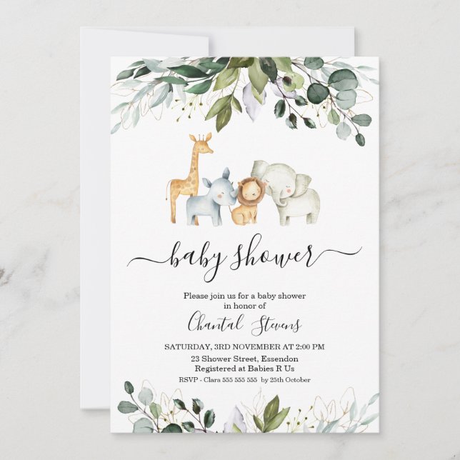 Safari Green Gold Foliage Baby Dusche Einladung (Vorderseite)