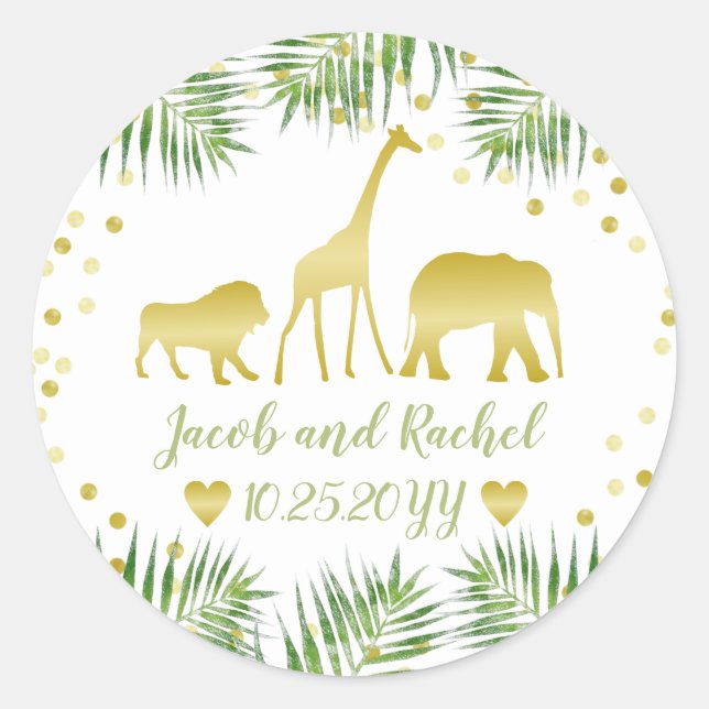 Safari Green und Gold Tiere mit Palmbranchen Runder Aufkleber (Vorderseite)