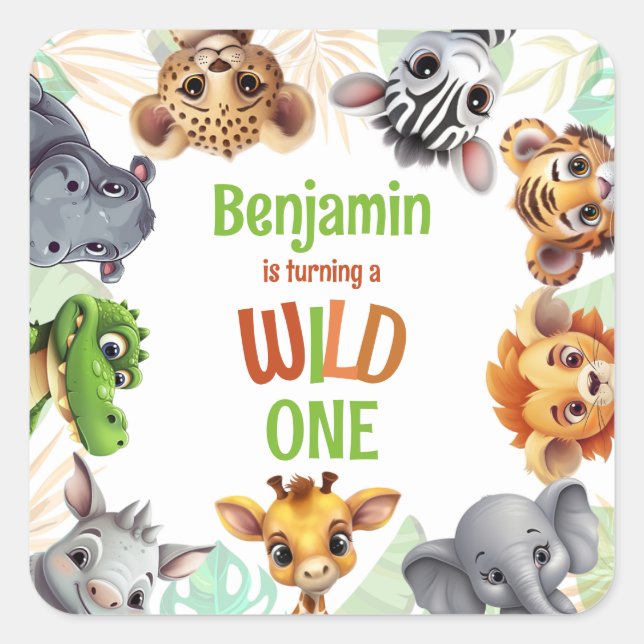 Safari Jungle Animal Kid's Wild One Birthday Party Quadratischer Aufkleber (Vorderseite)
