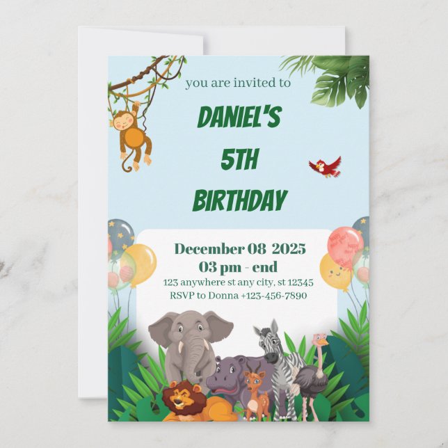 Safari Jungle Animal zum Geburtstag Einladung für  (Vorderseite)