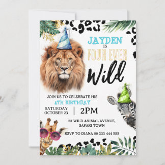 Safari Jungle Animals 4. Vier-Ever Wild Geburtstag Einladung