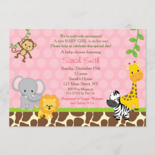 Safari Jungle Animals Baby Dusche Einladungen Girl