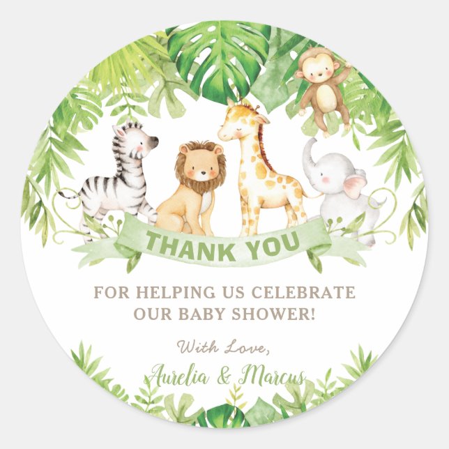Safari Jungle Animals Baby Shower Boy Green Forest Runder Aufkleber (Vorderseite)