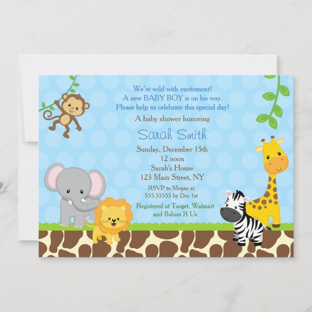 Safari Jungle Animals Baby Shower Einladungen Jung (Vorderseite)