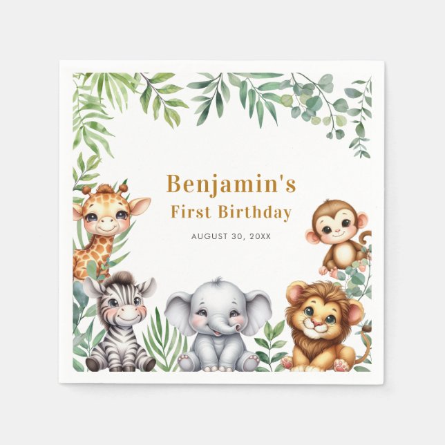 Safari Jungle Animals Boy 1. Geburtstag Serviette (Vorderseite)