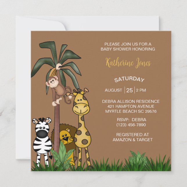 Safari Jungle Animals Boy Baby Shower Einladung (Vorderseite)