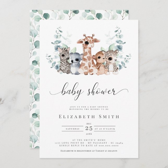 Safari Jungle Animals Eucalyptus Baby Shower Invit Einladung (Vorne/Hinten)