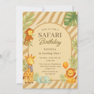 Safari Jungle Animals First Birthday  Einladung