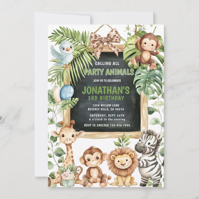  Safari Jungle Animals Greenery Birthday Einladung (Vorderseite)