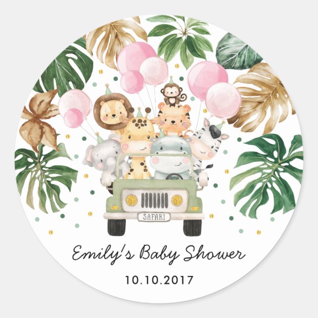 Safari Jungle Animals Grüne Pink Balloons Baby Runder Aufkleber (Vorderseite)