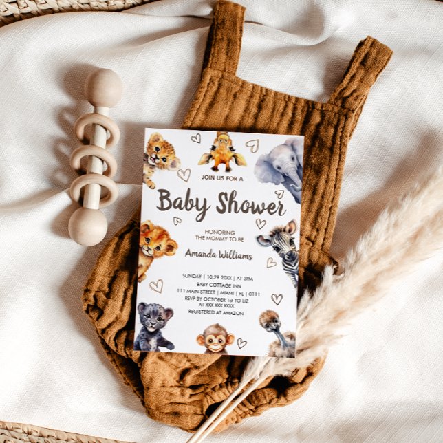 Safari Jungle Animals & Hearts Moderne Babydusche Einladung (Von Creator hochgeladen)