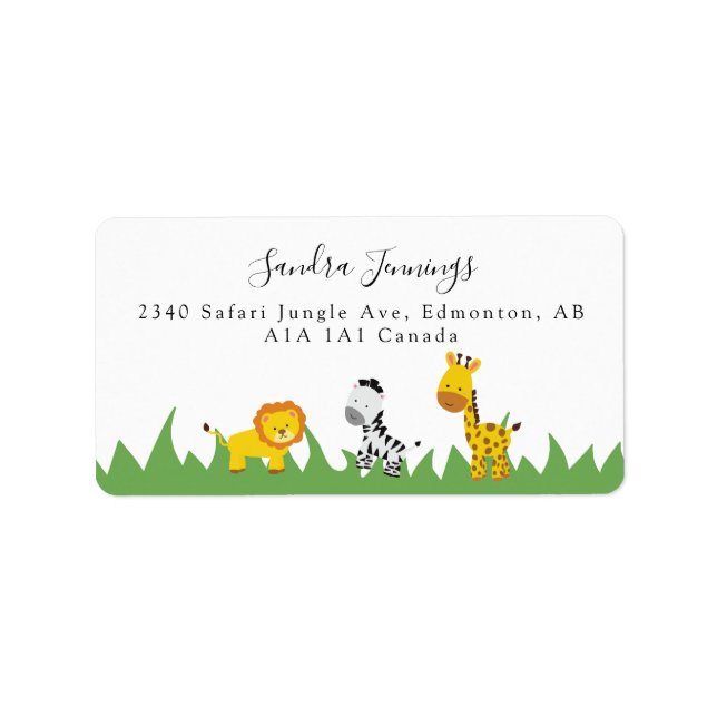 Safari Jungle Animals Script Niedlich Baby Dusche Adressaufkleber (Vorne)