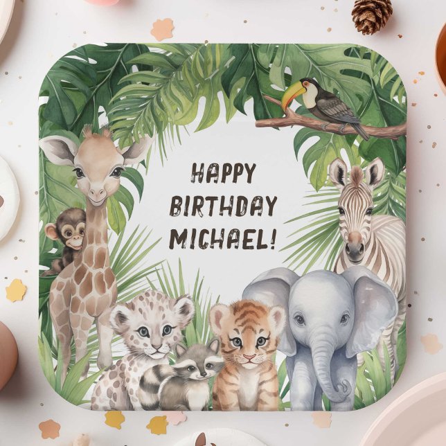 Safari Jungle Animals thematischer Kindergeburtsta Pappteller (Two Wild Boy 2nd Birthday party paper plates, Safari Themed Jungle animals birthday plate.)