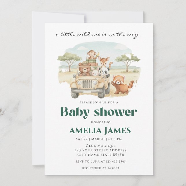 Safari Jungle Animals Wild Ein Junge Babydusche Einladung (Vorderseite)