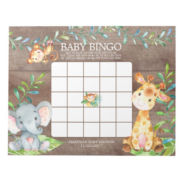 Safari Jungle Baby Shooter Bingo Game Notepad Notizblock (Vorderseite)